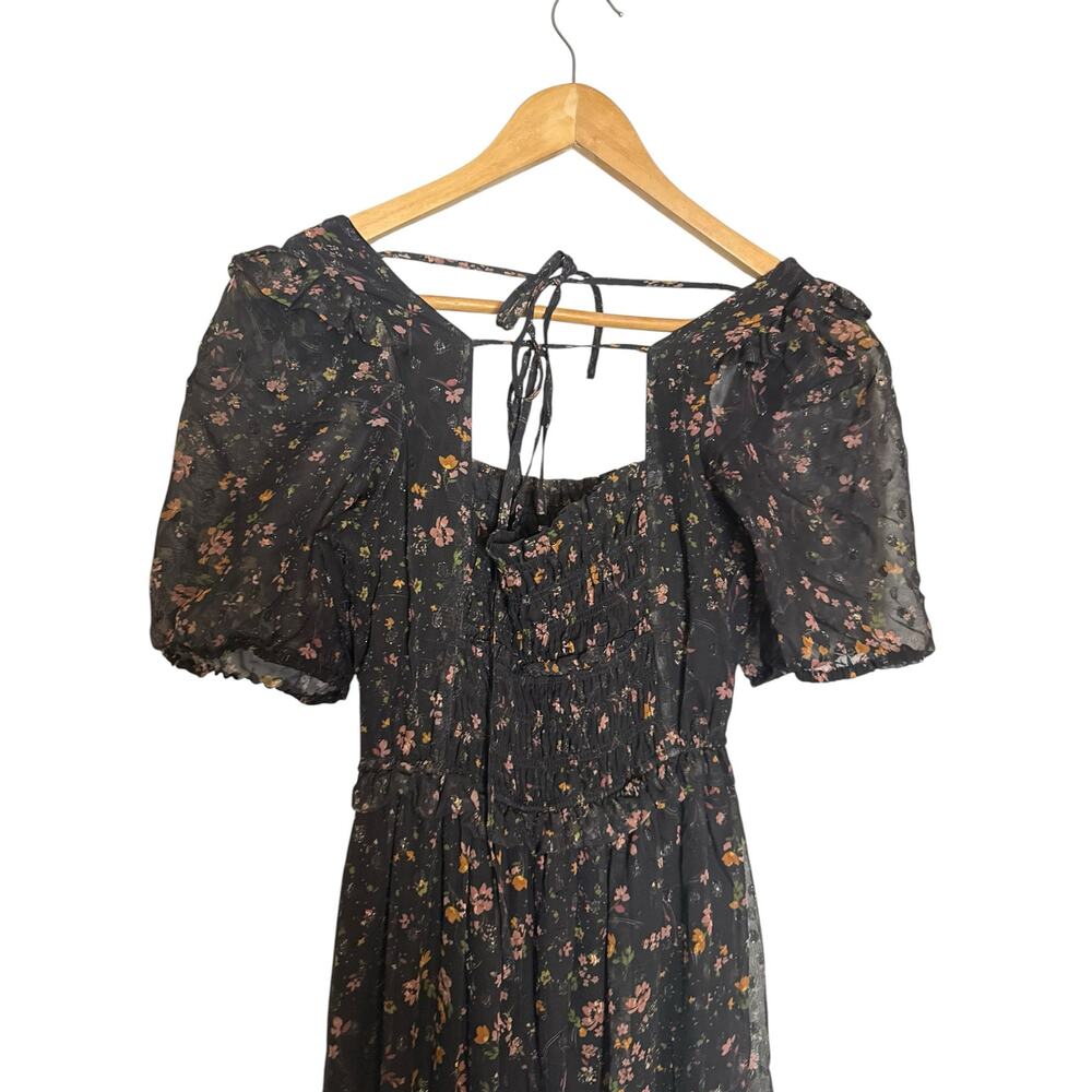 Slate & Willow Black Floral Print Chiffon Puff Sleeve Smocked Maxi Dress Small - Picture 8 of 13